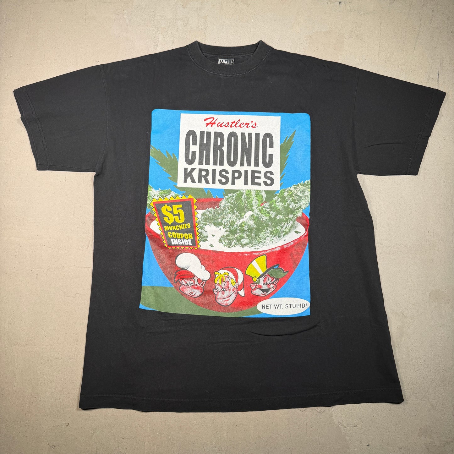 Y2K Hustlers Chronic Krispies Cannabis Black Tee Size XXL USED v17811