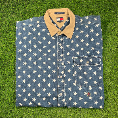 Tommy Hilfiger Star Pattern Denim Button Up Shirt Size XL USED v18582