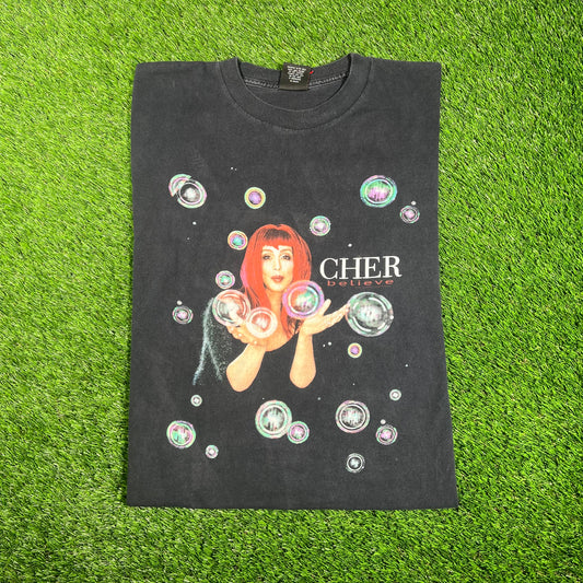 1998 Cher Believe Bubbles Black Tour Tee Size Large USED v18199