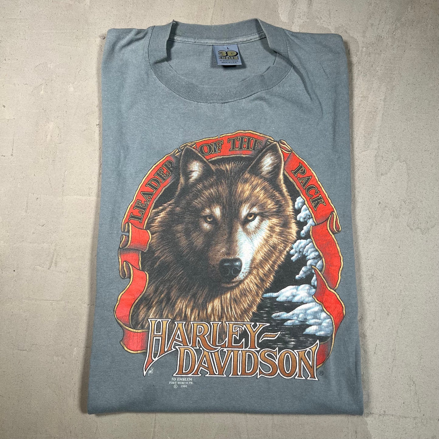 1991 Harley Davidson "Leader of the Pack" 3D Emblem Light Blue Tee Size Large USED v19374