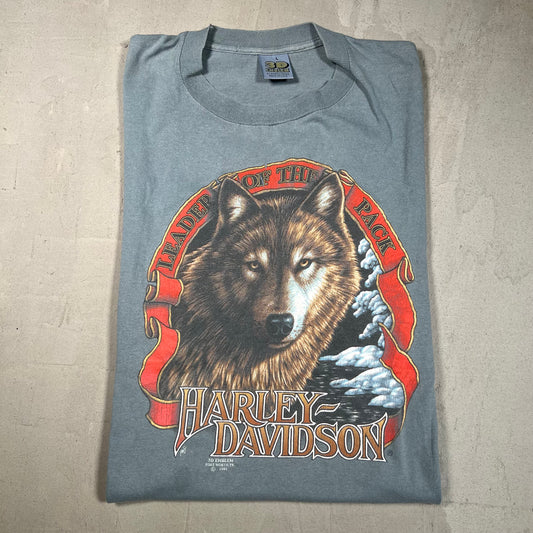 1991 Harley Davidson "Leader of the Pack" 3D Emblem Light Blue Tee Size Large USED v19374