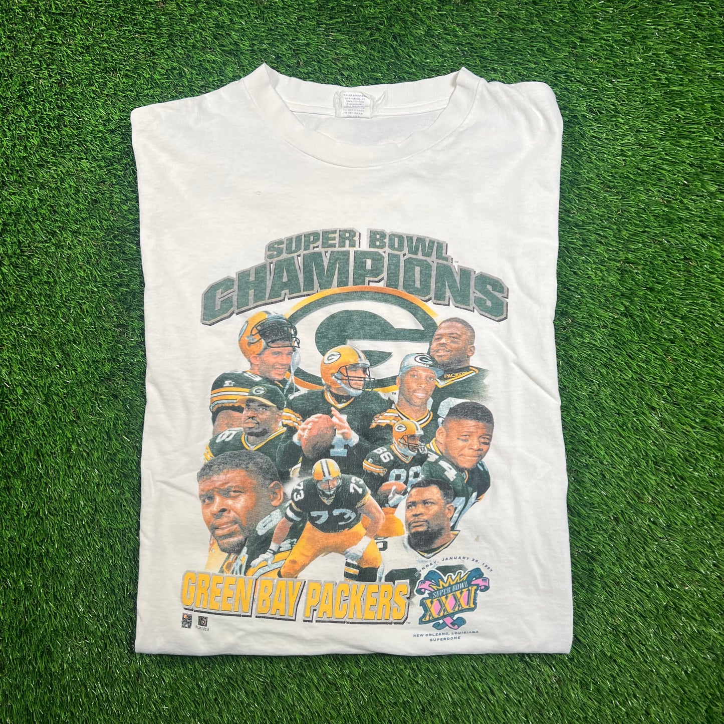 1997 Starter Green Bay Packers Super Bowl XXXI Champions White Tee Size Large USED v18493