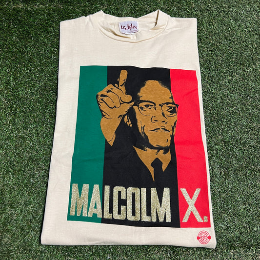 1990s Malcolm X Glitter Font Cream Tee Size Large USED v16402