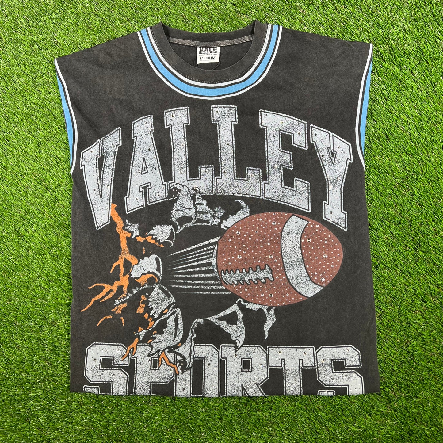 Vale "Vale Sports" Washed Black Rhinestone Football Tee Size Medium NEW x14994