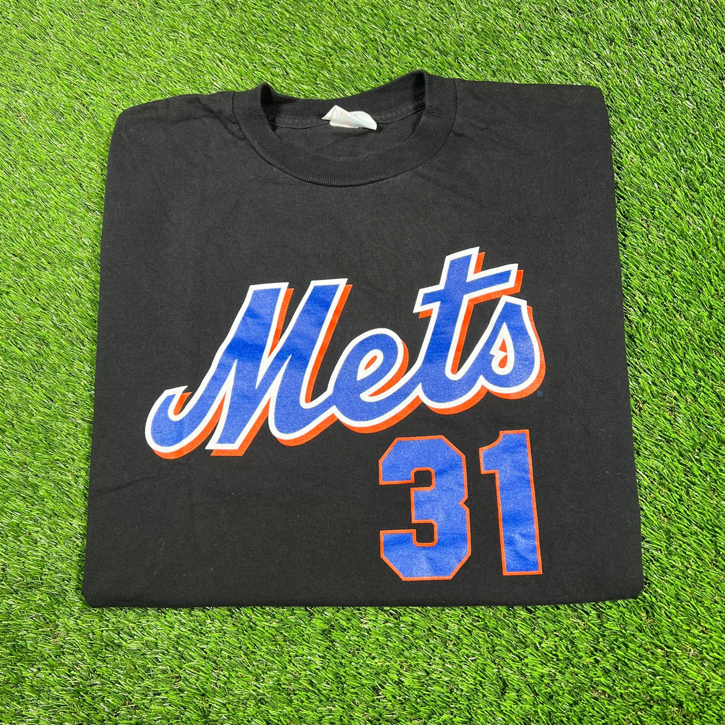 1990s Mets 31 Piazza Black Tee Size Large USED v17313