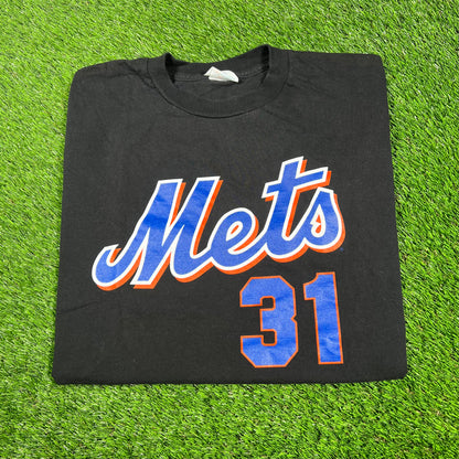 1990s Mets 31 Piazza Black Tee Size Large USED v17313