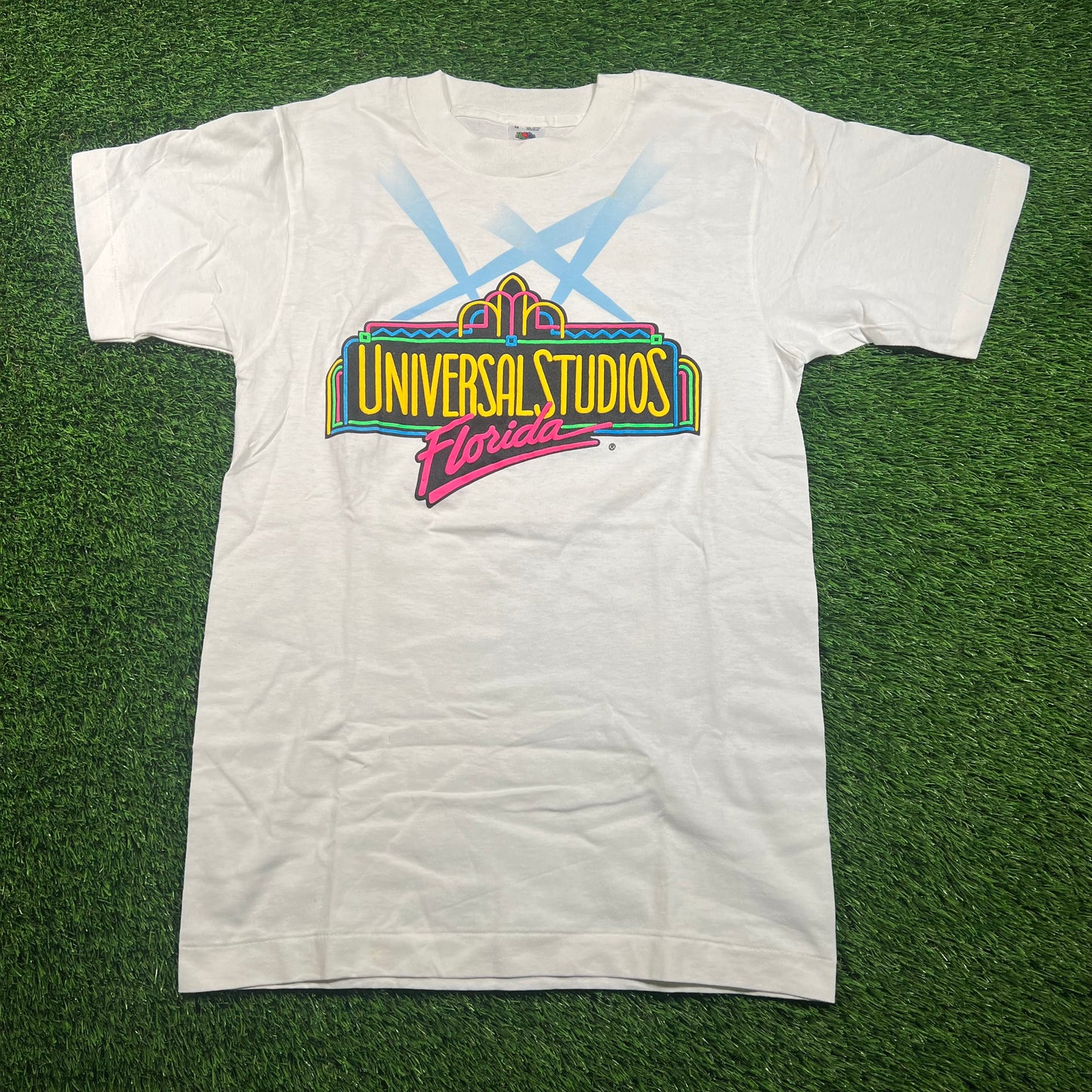 1990's Neon Logo Universal Studios Florida White Tee Size Medium USED v18286
