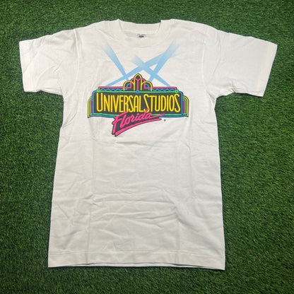 1990's Neon Logo Universal Studios Florida White Tee Size Medium USED v18286