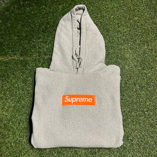 Supreme Box Logo Safety Orange Grey Hoodie Size Medium USED x13580 FW17