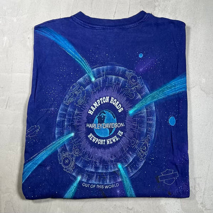 1995 Harley Davidson Out of This World Galaxy Purple AOP Tee Size XL USED v20049