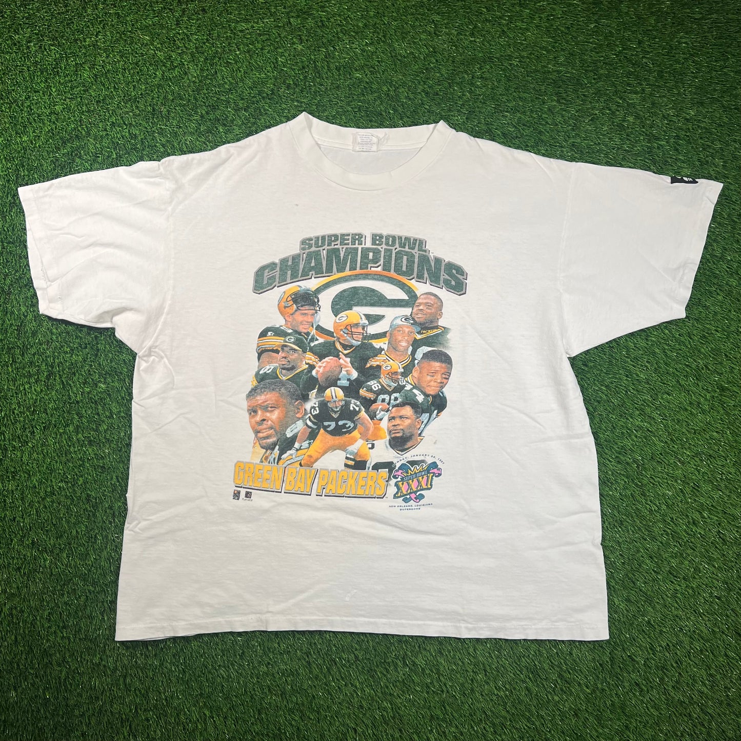 1997 Starter Green Bay Packers Super Bowl XXXI Champions White Tee Size Large USED v18493