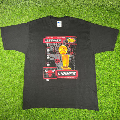 1998 Chicago Bulls NBA Finals Six Time Champs Black Tee Size XL USED v16723