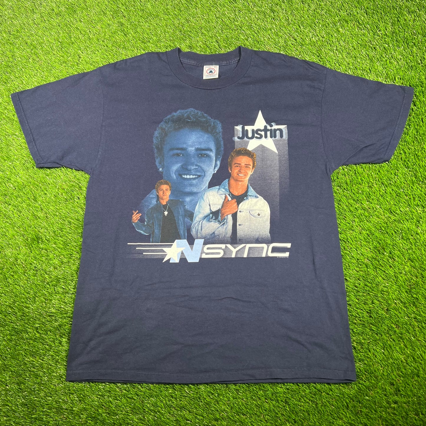 2000 NSYNC Justin Timberlake Navy Blue Rap Style Tee Size Large USED v17370