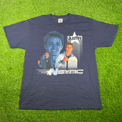 2000 NSYNC Justin Timberlake Navy Blue Rap Style Tee Size Large USED v17370