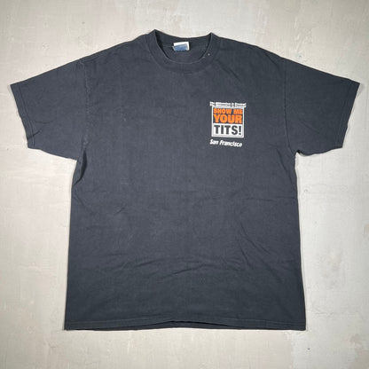 1990s Millennium is Coming Show Me Your Tits Black Tee Size XL USED v19029