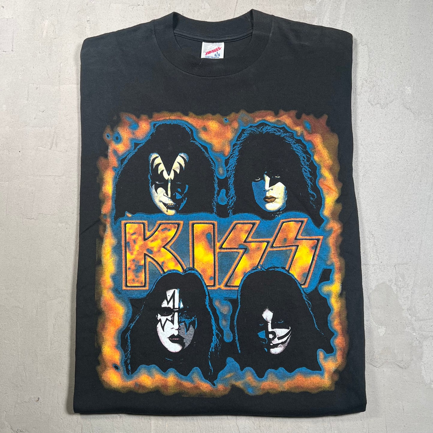1996 Kiss Tour 4 Faces in Flames Black Tee Jerzees tag Size Large USED v13846