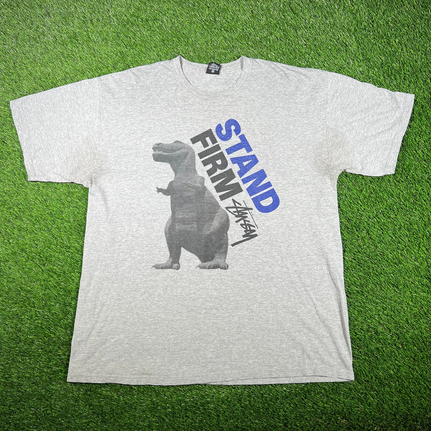 Y2K Stussy "Stand Firm" Dinosaur Grey Tee Size XL USED x14774