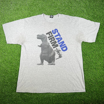 Y2K Stussy "Stand Firm" Dinosaur Grey Tee Size XL USED x14774