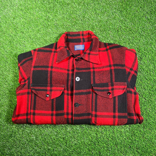 1960s Pendleton Red/Black Plaid Button Up Wool Button Up Size Large USED v18205