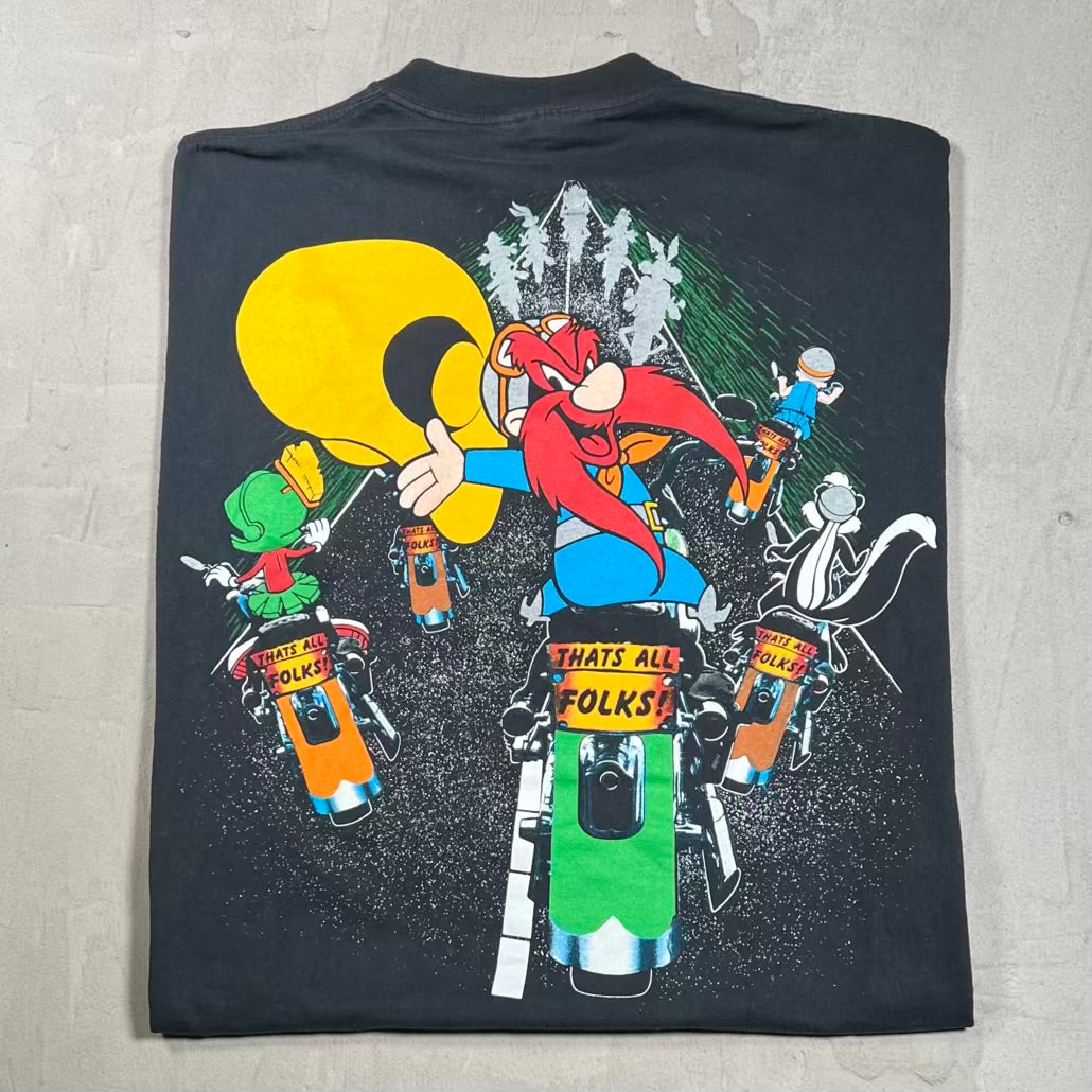 1993 Looney Tunes Biker Crew AOP Black Tee Size XL USED v20195