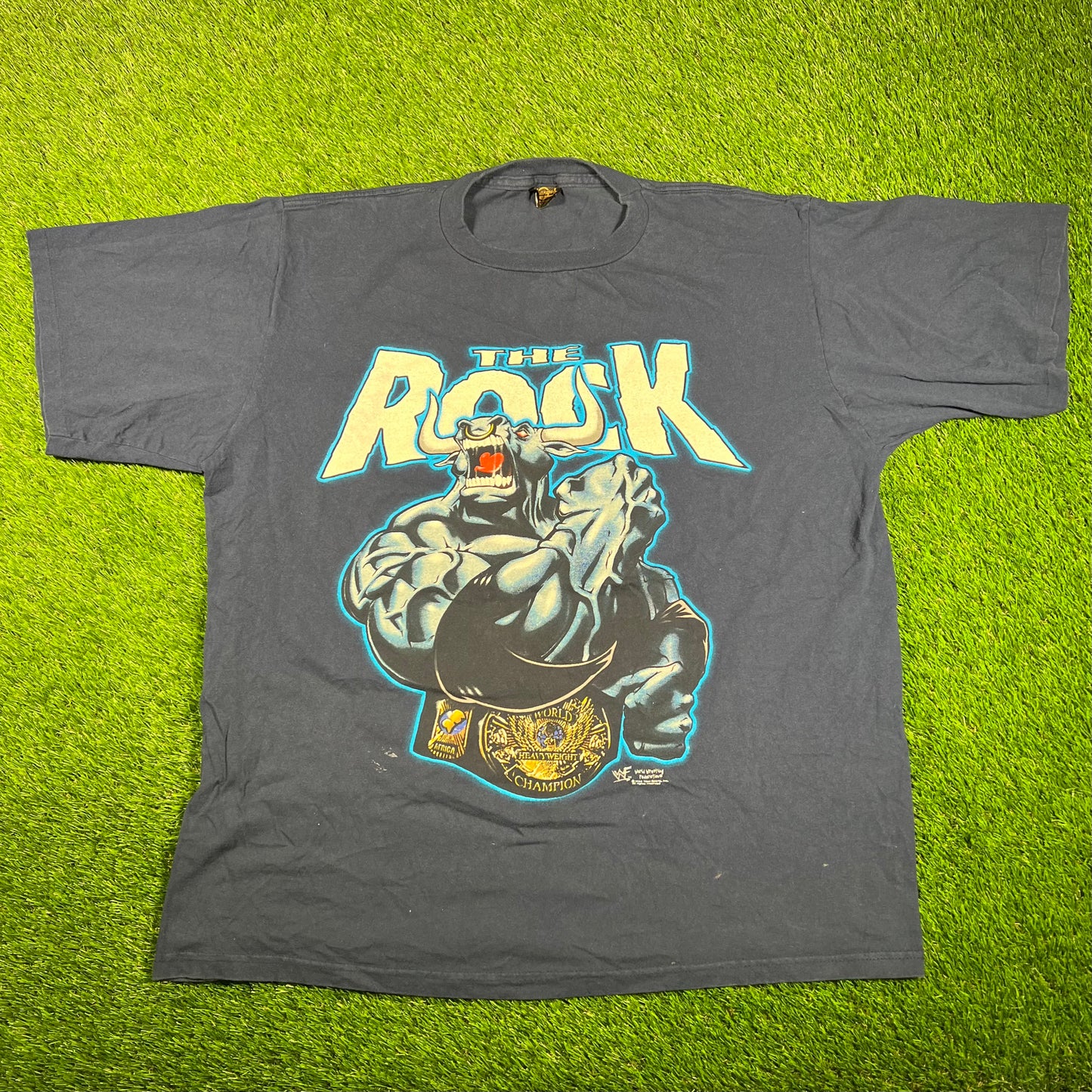 1998 The Rock WWF Bull Champ Navy Blue Tee Size 3XL USED v17937