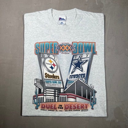 1996 Steelers Cowboys Super Bowl Grey Tee Size Large USED v18894