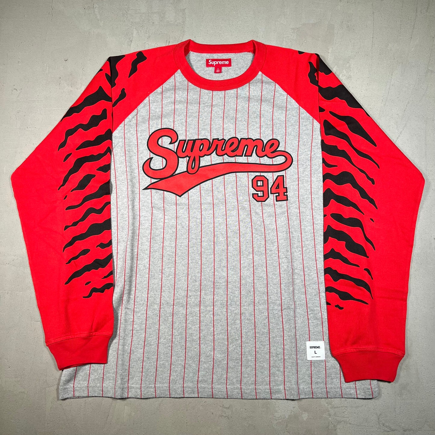 Supreme Tiger Raglan Grey/Red Baseball Jersey Longsleeve Size Large NEW x17428