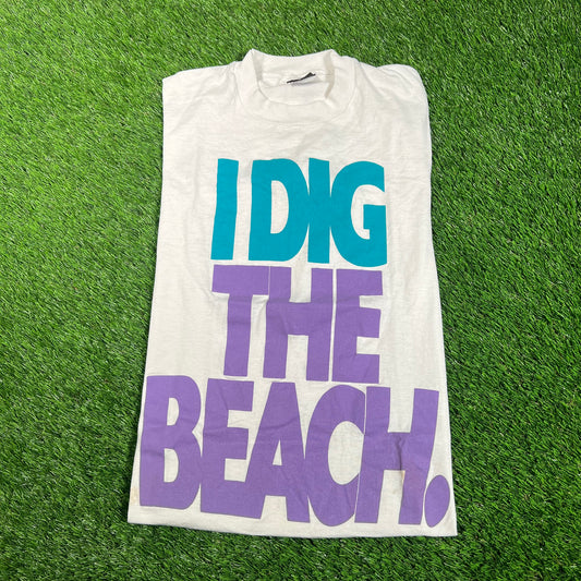 1990s "I Dig the Beach" White Tee Size Medium USED v18169