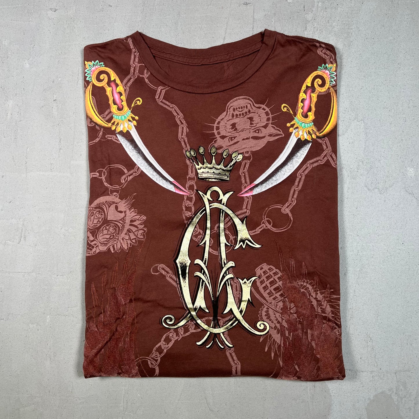 Christian Audigier Los Angeles Crown Brown Tee Size XL USED v19156