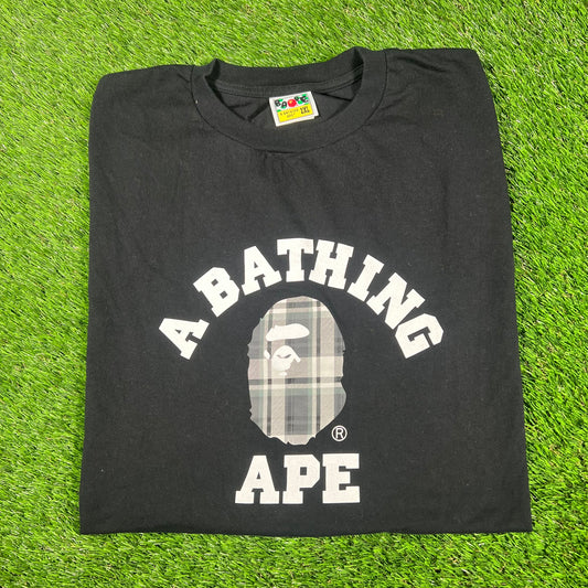 Bape Bathing Ape Plaid Logo Black Tee Size XXL USED x14908