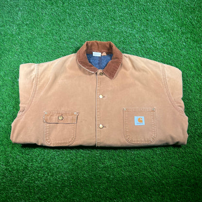 1990s Carhartt Khaki Chore Coat Size XL USED v17662