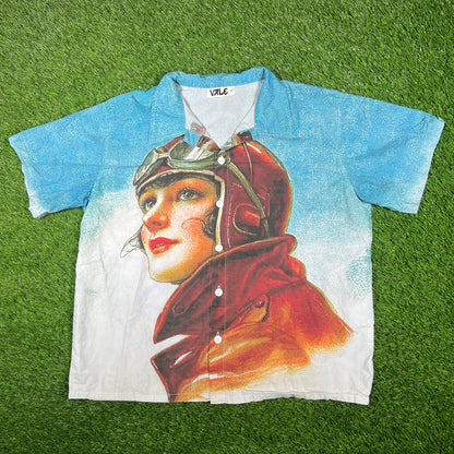 Vale Amelia Heart Blue Button Up Tee Size Medium USED x15159