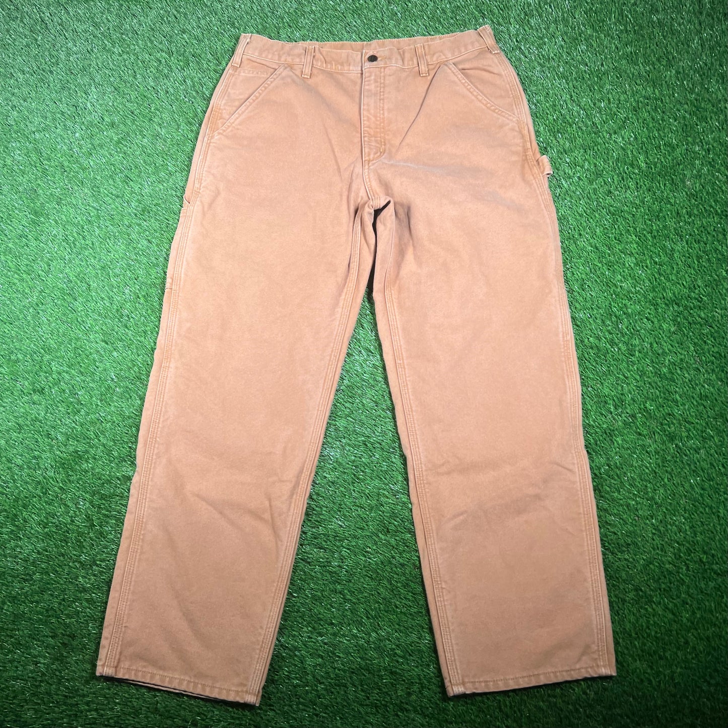 Y2K Carhartt Work Wear Flannel Lined Tan Pants Size 36x30 USED v17689