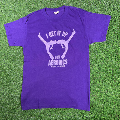 1990s I Get It Up For Aerobics Purple Tee Size Medium USED v17120
