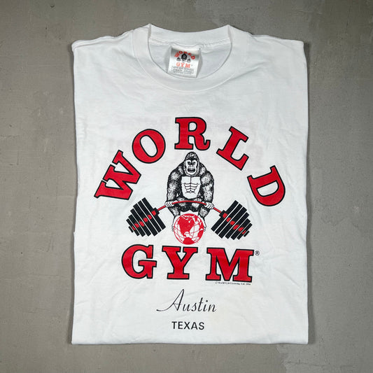1996 World Gym Austin TX White Tee Size XL USED v18862