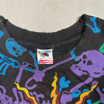 1992 Grateful Dead Skeletons with Top Hats Full Print Black Tee Size Large USED v2295