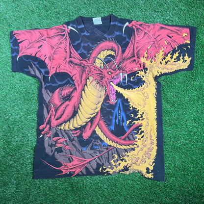1993 Liquid Blue Dragon Knight AOP Black Tee Size Large USED v17915