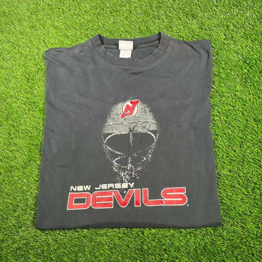 Y2K New Jerey Devils Washed Black Tee Size XL USED v17478