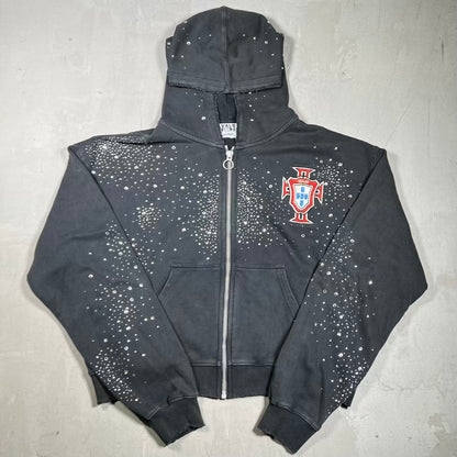 Vale Pluto Clustered Rhinestone Washed Black Zip Up Hoodie Size Large USED x18439