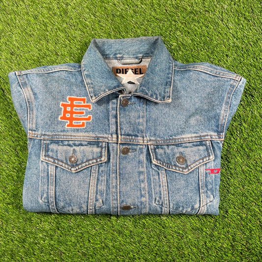 Eric Emanuel Diesel Varsity Blue Denim Jacket Size Large USED x14748