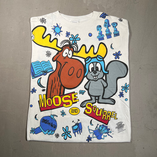 1993 The adventures of Rocky and Bullwinkle and Friends Moose and Squirrel AOP tee wild oats tag Size Large USED v12149