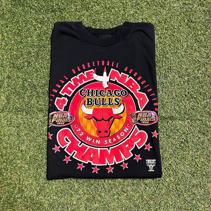 1996 Chicago Bulls 4 Time Champs Logo 7 Tag Black Tee Size XL USED v16280