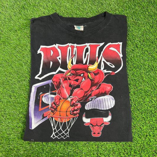 1990s Black Chicago Bulls Mascot Cartoon Tee Size XL USED v16588