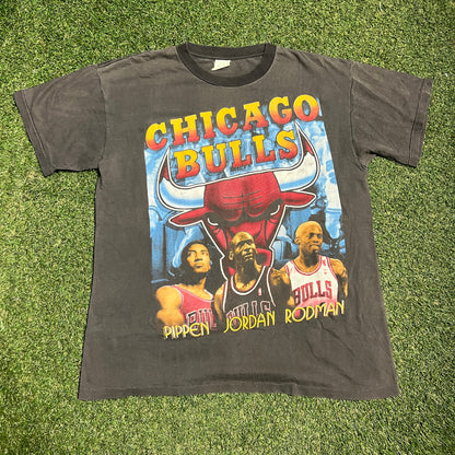 1996 Chicago Bulls World Champs Rap Style Black Tee Size XL USED v16048