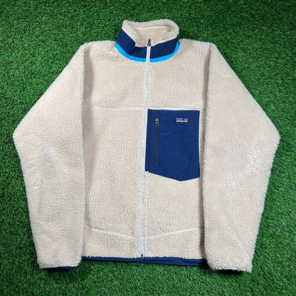 Patagonia Classic Retro-X Jacket Cream/Dark Blue Fleece Jacket Size Medium USED v18344