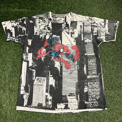1991 Spider Man Marvel Comics Full Print Skyline Tee Size XL USED v16415