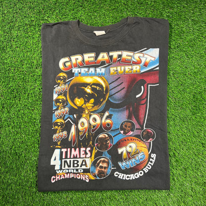 1996 "Greatest Team Ever" Chicago Bulls Rap Tee Black Size XL USED v18515