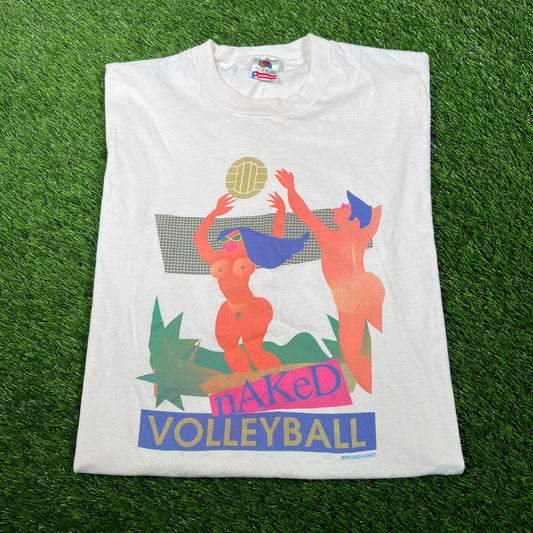 1990s Naked Volleyball White Tee Size XL USED v16934