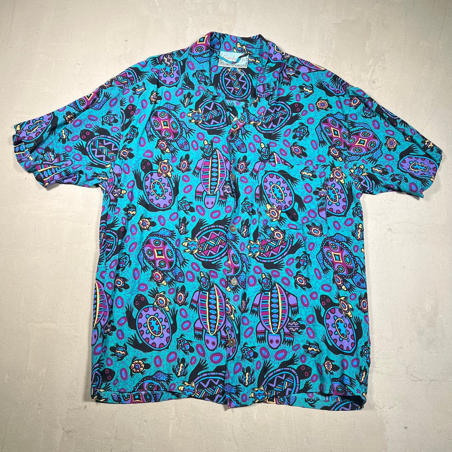 1990s Rainbow Jo Aqua Print Button Up Tee Size Large USED v19137