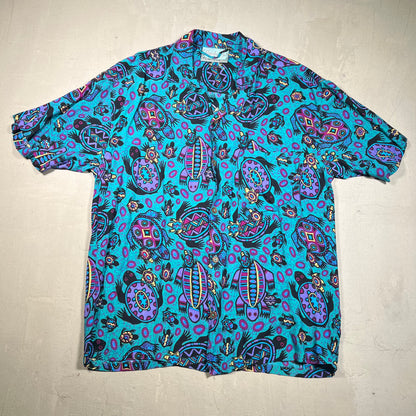 1990s Rainbow Jo Aqua Print Button Up Tee Size Large USED v19137